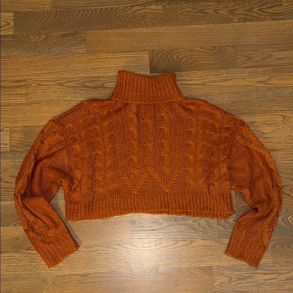Cropped Rust Cable Knit Turtleneck Sweater